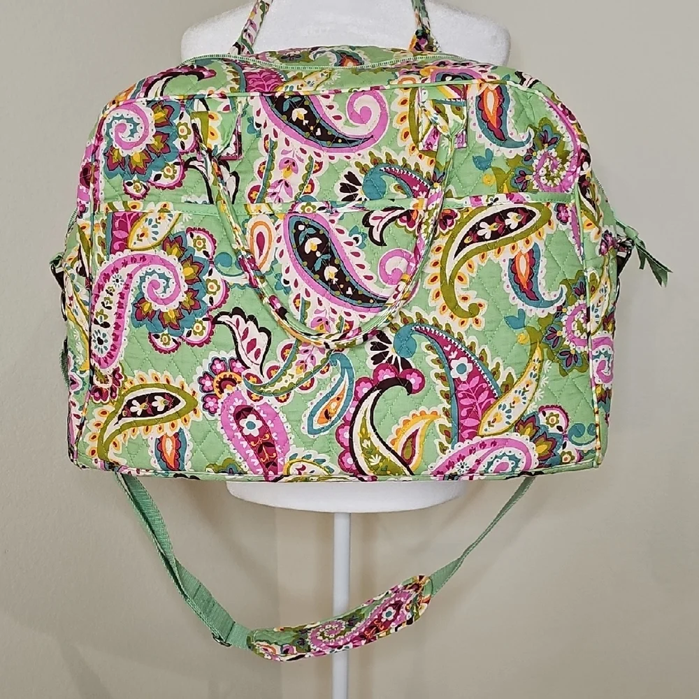 Vera Bradley Large Duffle Weekender Bag Green, Pink Paisley Tutti Frutti Quilted - Picture 10 of 10